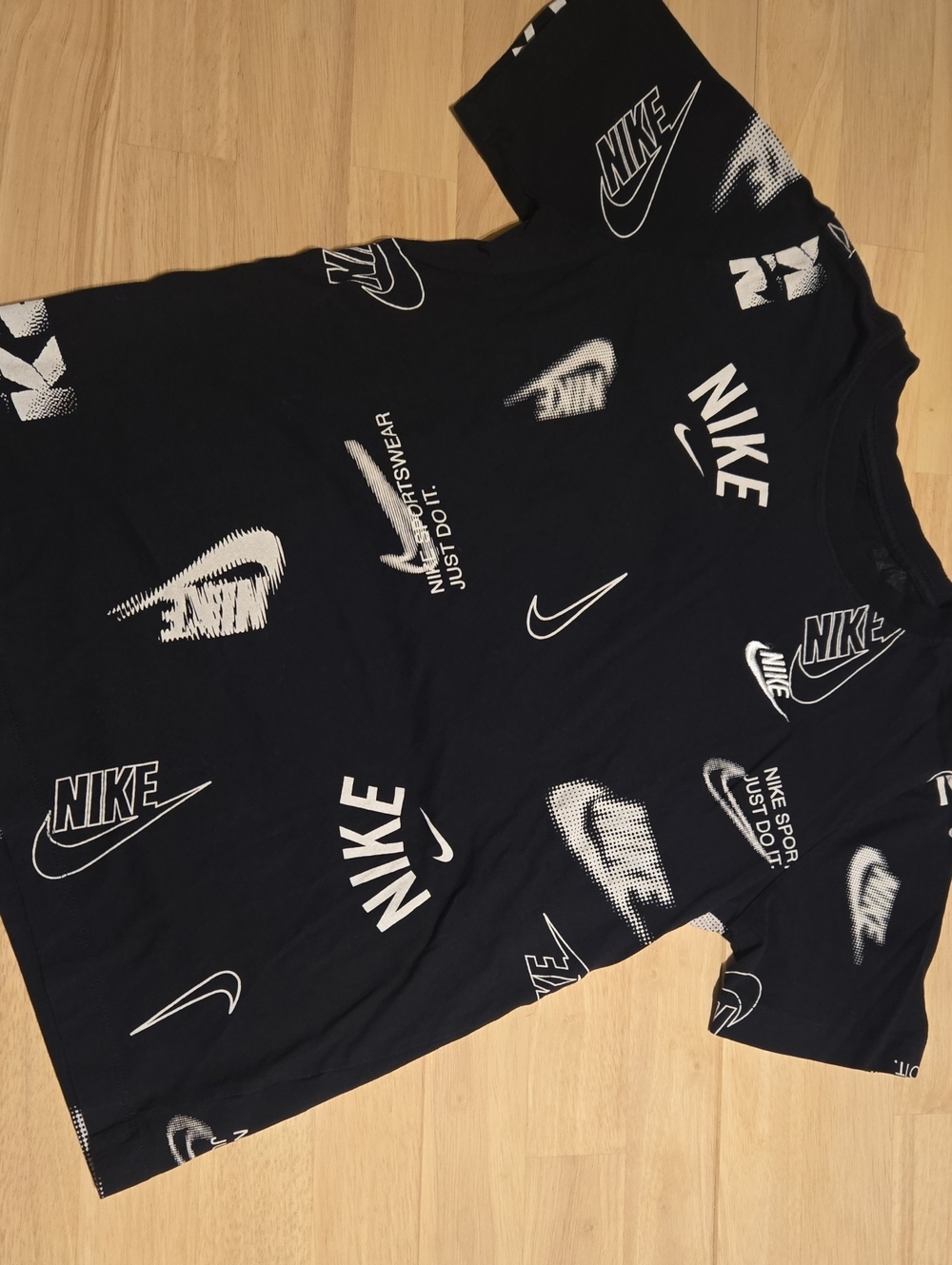 Boys Nike Black T-Shirt with White Logo Allover Print
